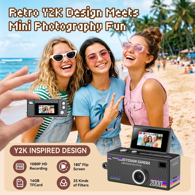 Alt view image 2 of 7 - Mini Keychain Digital Camera: Y2K Aesthetic Small Camera with 1080P HD Video, 180° Flip Screen, 25 Retro Filters 16GB Card, Cute Retro Camera with Gift Box, Birthday for Teens Kids