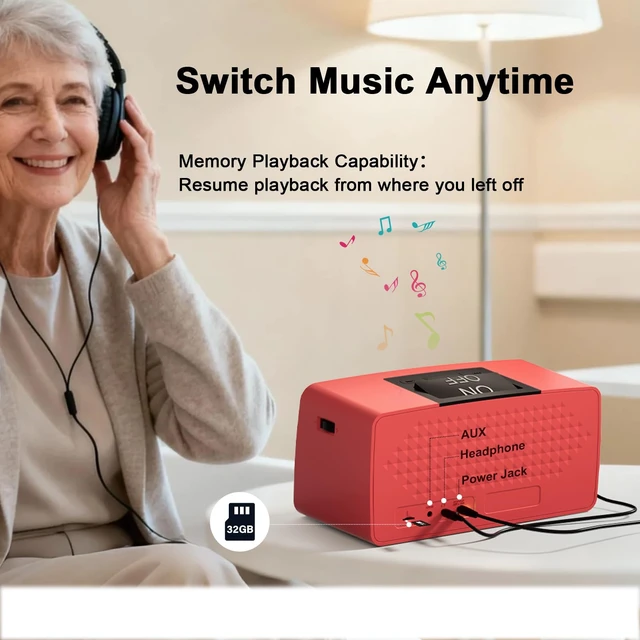 Alt view image 5 of 7 - Simple Music Player for Seniors & Elderly, MP3 Player with Large Button 32GB TF Card, Adjustable Volume, Playback Memory & One-Touch Play for Dementia, Alzheimer's & Visually Impaired, Red