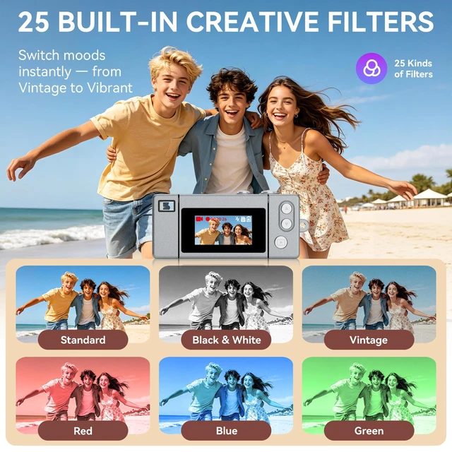 Alt view image 3 of 7 - Mini Keychain Digital Camera 1080P HD Video Flip Screen, Y2K Aesthetic Small Camera with 25 Retro Filters 16GB Card & Lanyard, Lightweight Pocket Cam Gift Box Birthday for Teens Girls