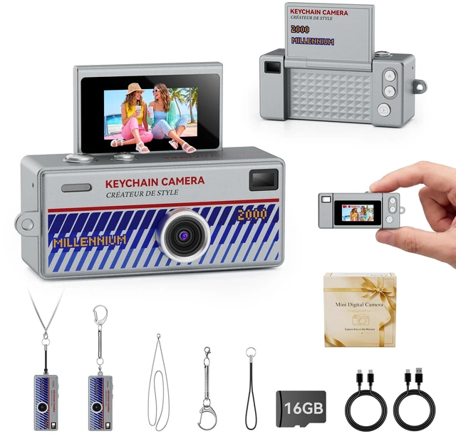 Main image of Mini Keychain Digital Camera 1080P HD Video Flip Screen, Y2K Aesthetic Small Camera with 25 Retro Filters 16GB Card & Lanyard, Lightweight Pocket Cam Gift Box Birthday for Teens Girls