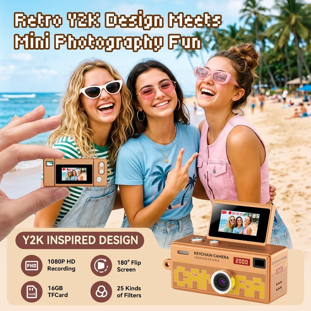 Alt view image 2 of 7 - Mini Keychain Digital Camera: Y2K Aesthetic Small Camera with 1080P HD Video, 180° Flip Screen, 25 Retro Filters 16GB Card, Cute Retro Camera with Gift Box, Birthday for Teens Kids