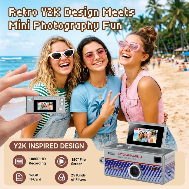 Alt view image 2 of 7 - Mini Keychain Digital Camera 1080P HD Video Flip Screen, Y2K Aesthetic Small Camera with 25 Retro Filters 16GB Card & Lanyard, Lightweight Pocket Cam Gift Box Birthday for Teens Girls