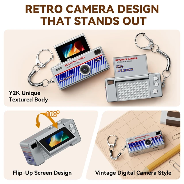 Alt view image 4 of 7 - Mini Keychain Digital Camera 1080P HD Video Flip Screen, Y2K Aesthetic Small Camera with 25 Retro Filters 16GB Card & Lanyard, Lightweight Pocket Cam Gift Box Birthday for Teens Girls