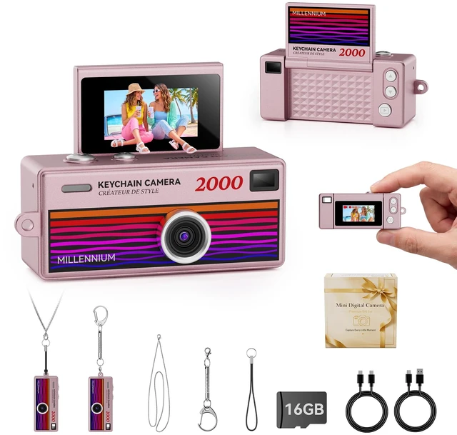 Main image of Mini Keychain Digital Camera 1080P HD Video Flip Screen, Y2K Aesthetic Small Camera with 25 Retro Filters 16GB Card & Lanyard, Lightweight Pocket Cam Gift Box Birthday for Teens Girls
