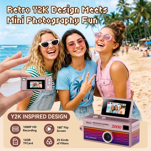 Alt view image 2 of 7 - Mini Keychain Digital Camera 1080P HD Video Flip Screen, Y2K Aesthetic Small Camera with 25 Retro Filters 16GB Card & Lanyard, Lightweight Pocket Cam Gift Box Birthday for Teens Girls