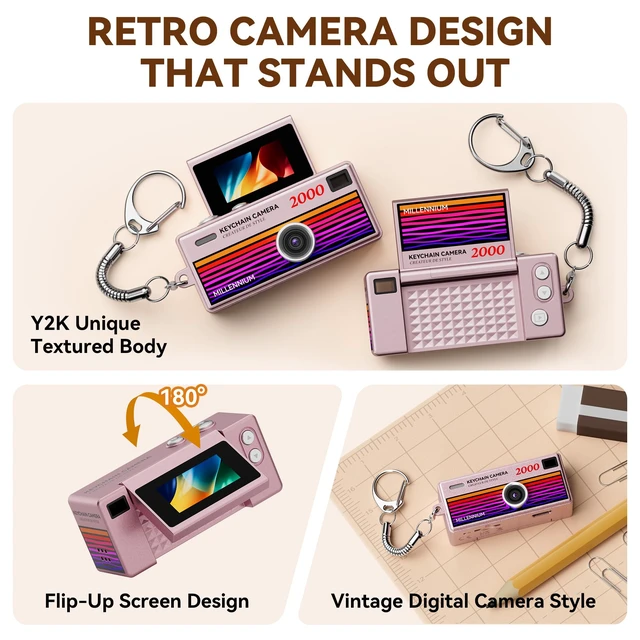 Alt view image 4 of 7 - Mini Keychain Digital Camera 1080P HD Video Flip Screen, Y2K Aesthetic Small Camera with 25 Retro Filters 16GB Card & Lanyard, Lightweight Pocket Cam Gift Box Birthday for Teens Girls