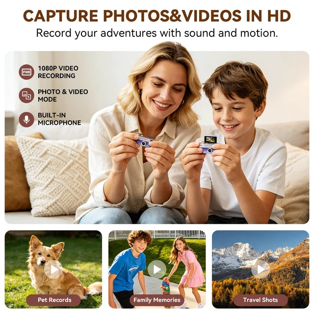 Alt view image 5 of 7 - Mini Keychain Digital Camera 1080P HD Video Flip Screen, Y2K Aesthetic Small Camera with 25 Retro Filters 16GB Card & Lanyard, Lightweight Pocket Cam Gift Box Birthday for Teens Girls