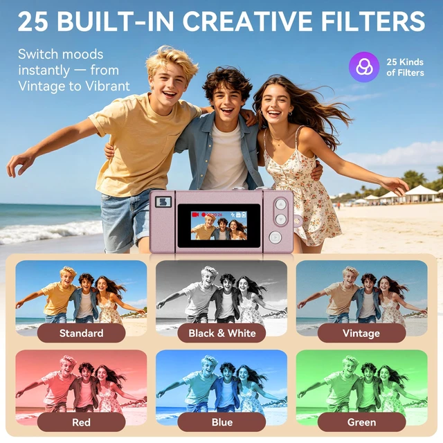 Alt view image 3 of 7 - Mini Keychain Digital Camera 1080P HD Video Flip Screen, Y2K Aesthetic Small Camera with 25 Retro Filters 16GB Card & Lanyard, Lightweight Pocket Cam Gift Box Birthday for Teens Girls