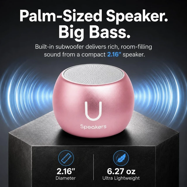 Alt view image 2 of 7 - U Boost Mini Bluetooth Speaker with Subwoofer, Pink aluminum shell, mini subwoofer, deep bass, IPX4 splash resistant, TWS stereo pairing, rechargeable, gift ready, pink