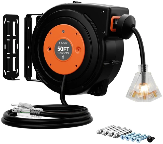 Main image of 50 FT Retractable Extension Cord Reel, Heavy Duty 12AWG/3C SJTOW Power Cord, Lighted Triple Tap, 15A Circuit Breaker, Wall/Ceiling Mount Electric Cord Reel for Garage & Workshop, ETL Listed, Orange