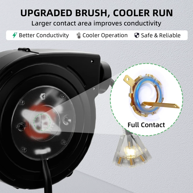 Alt view image 5 of 7 - 50 FT Retractable Extension Cord Reel, Heavy Duty 12AWG/3C SJTOW Power Cord, Lighted Triple Tap, 15A Circuit Breaker, Wall/Ceiling Mount Electric Cord Reel for Garage & Workshop, ETL Listed, Orange