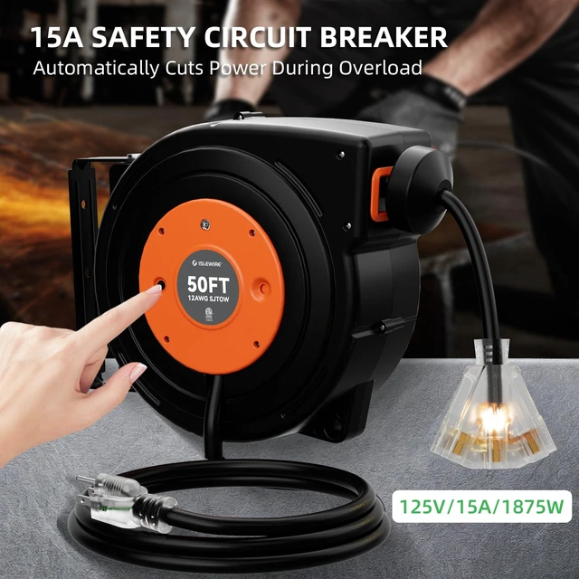 Alt view image 6 of 7 - 50 FT Retractable Extension Cord Reel, Heavy Duty 12AWG/3C SJTOW Power Cord, Lighted Triple Tap, 15A Circuit Breaker, Wall/Ceiling Mount Electric Cord Reel for Garage & Workshop, ETL Listed, Orange
