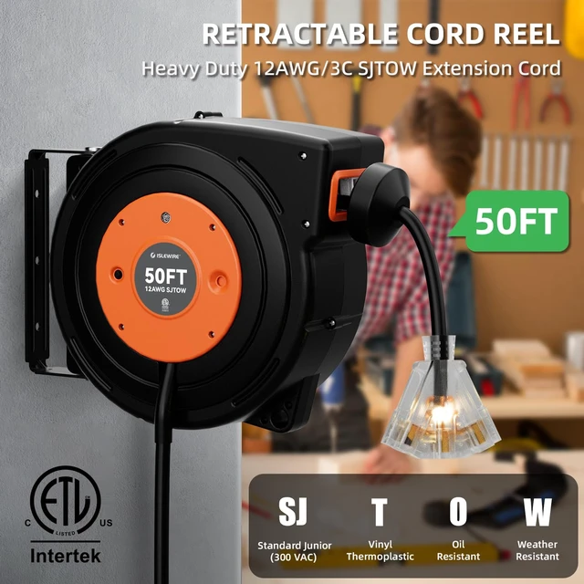Alt view image 2 of 7 - 50 FT Retractable Extension Cord Reel, Heavy Duty 12AWG/3C SJTOW Power Cord, Lighted Triple Tap, 15A Circuit Breaker, Wall/Ceiling Mount Electric Cord Reel for Garage & Workshop, ETL Listed, Orange