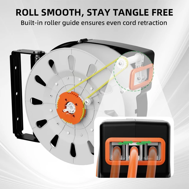Alt view image 4 of 7 - 50 FT Retractable Extension Cord Reel, Heavy Duty 12AWG/3C SJTOW Power Cord, Lighted Triple Tap, 15A Circuit Breaker, Wall/Ceiling Mount Electric Cord Reel for Garage & Workshop, ETL Listed, Orange