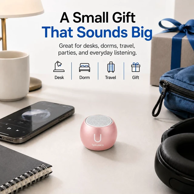 Alt view image 4 of 7 - U Boost Mini Bluetooth Speaker with Subwoofer, Pink aluminum shell, mini subwoofer, deep bass, IPX4 splash resistant, TWS stereo pairing, rechargeable, gift ready, pink