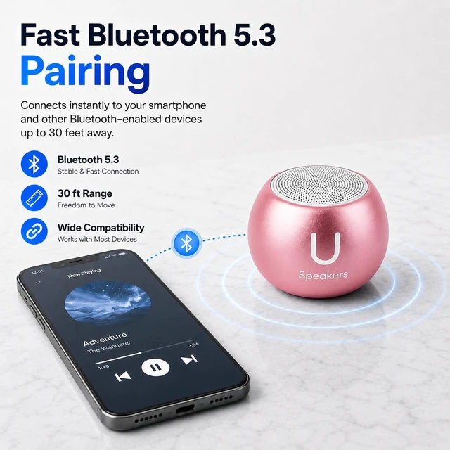 Alt view image 6 of 7 - U Boost Mini Bluetooth Speaker with Subwoofer, Pink aluminum shell, mini subwoofer, deep bass, IPX4 splash resistant, TWS stereo pairing, rechargeable, gift ready, pink