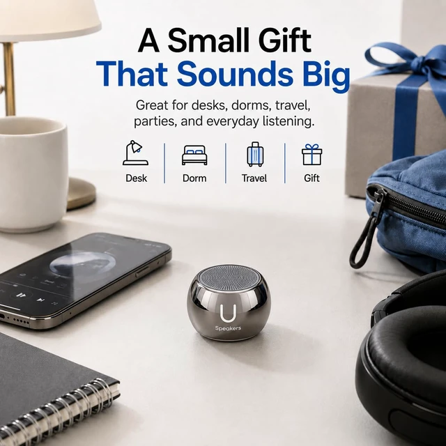Alt view image 5 of 6 - U Boost Mini Bluetooth Speaker with Subwoofer, Hematite aluminum shell, mini subwoofer, deep bass, IPX4 splash resistant, TWS stereo pairing, rechargeable, gift ready, hematite