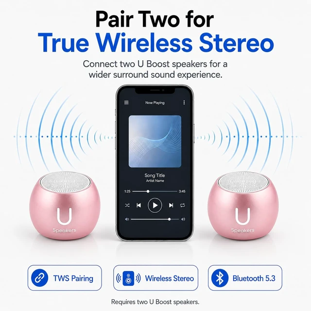 Alt view image 5 of 7 - U Boost Mini Bluetooth Speaker with Subwoofer, Pink aluminum shell, mini subwoofer, deep bass, IPX4 splash resistant, TWS stereo pairing, rechargeable, gift ready, pink