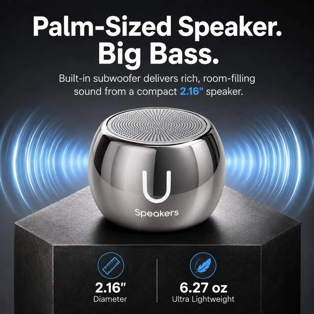 Alt view image 3 of 6 - U Boost Mini Bluetooth Speaker with Subwoofer, Hematite aluminum shell, mini subwoofer, deep bass, IPX4 splash resistant, TWS stereo pairing, rechargeable, gift ready, hematite