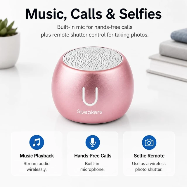 Alt view image 7 of 7 - U Boost Mini Bluetooth Speaker with Subwoofer, Pink aluminum shell, mini subwoofer, deep bass, IPX4 splash resistant, TWS stereo pairing, rechargeable, gift ready, pink