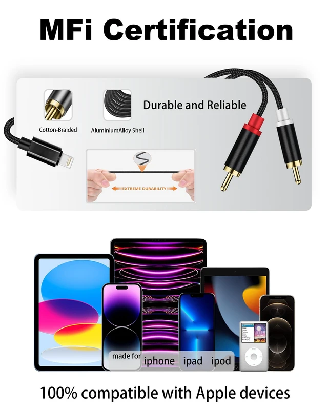 Alt view image 2 of 7 - Apple MFi Certified Lightning to RCA Cable Audio Aux Adapter (6, 6, Feet) 2-Male Y Splitter Aux Cord Compatible with iPhone 14 13 12 11 Pro XS XR X 8 7 for Amplifier, Car, Home Theater, Speaker