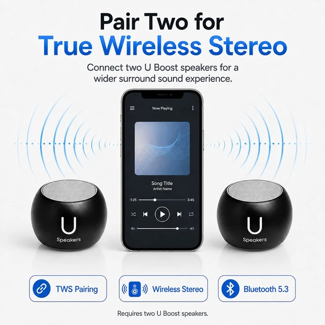 Alt view image 4 of 7 - U Boost Mini Bluetooth Speaker with Subwoofer, Black aluminum shell, mini subwoofer, deep bass, IPX4 splash resistant, TWS stereo pairing, rechargeable, travel size, black