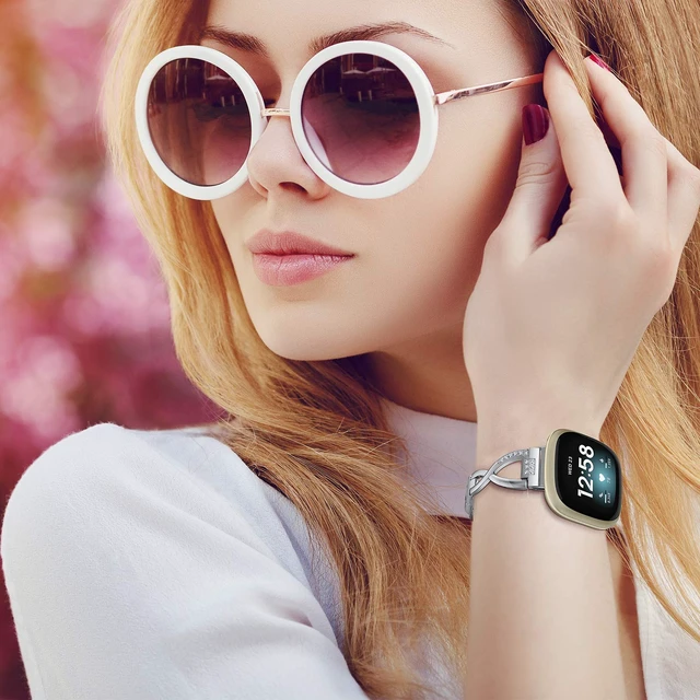 Alt view image 5 of 7 - Metal Band Compatible with Fitbit Versa 4 3/Sense 2 1 Bands Women Dressy Stainless Steel Bling Rhinestone Link Bracelet Wristband Replacement Strap for Versa 4/3/Sense 2/Sense