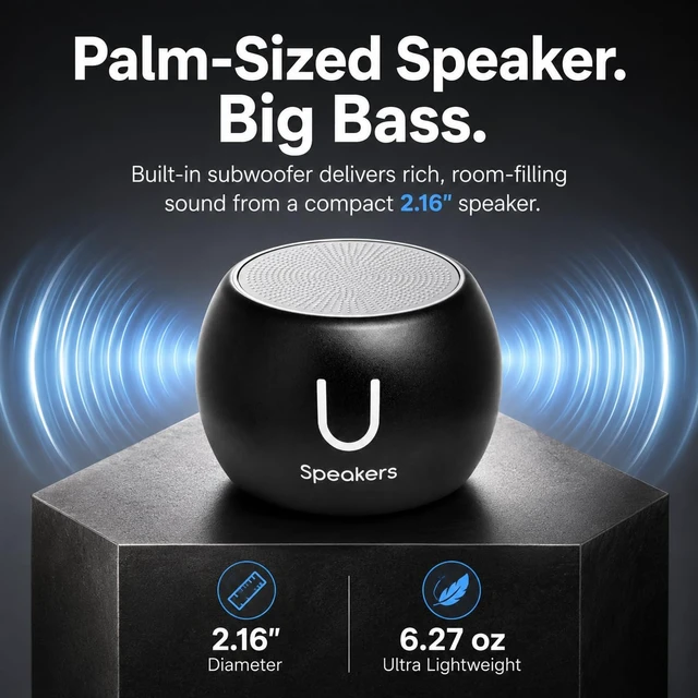 Alt view image 2 of 7 - U Boost Mini Bluetooth Speaker with Subwoofer, Black aluminum shell, mini subwoofer, deep bass, IPX4 splash resistant, TWS stereo pairing, rechargeable, travel size, black