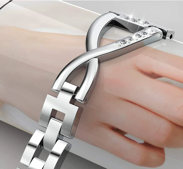 Alt view image 7 of 7 - Metal Band Compatible with Fitbit Versa 4 3/Sense 2 1 Bands Women Dressy Stainless Steel Bling Rhinestone Link Bracelet Wristband Replacement Strap for Versa 4/3/Sense 2/Sense