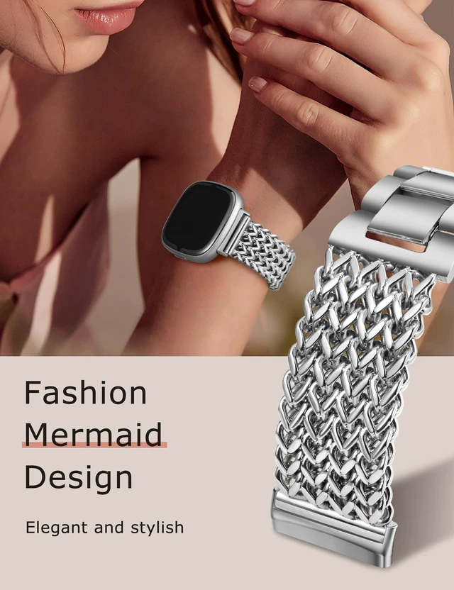 Alt view image 5 of 6 - Metal Bands Compatible with Fitbit Sense 2/Versa 4/Versa 3/Sense Bands Women, Dressy Stainless Steel Multi-chain Designer Luxury Link Bracelet Wristband Replacement Strap