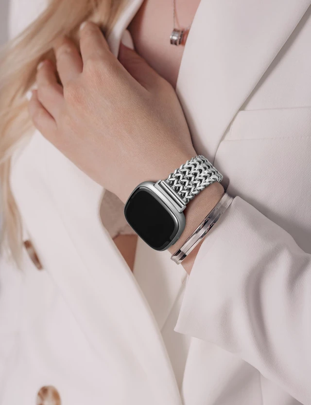 Alt view image 6 of 6 - Metal Bands Compatible with Fitbit Sense 2/Versa 4/Versa 3/Sense Bands Women, Dressy Stainless Steel Multi-chain Designer Luxury Link Bracelet Wristband Replacement Strap