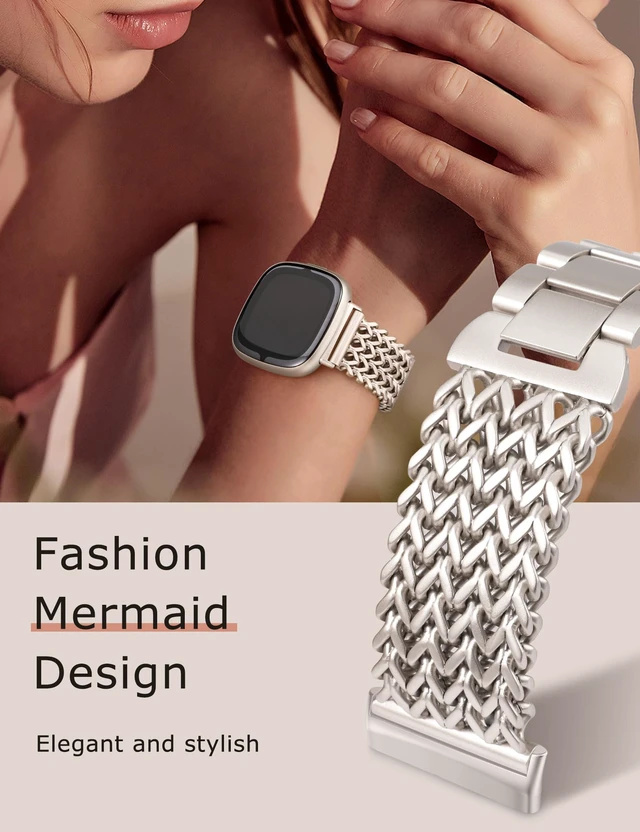 Alt view image 5 of 6 - Metal Bands Compatible with Fitbit Sense 2/Versa 4/Versa 3/Sense Bands Women, Dressy Stainless Steel Multi-chain Designer Luxury Link Bracelet Wristband Replacement Strap