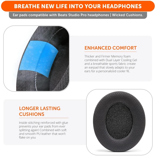 Alt view image 4 of 7 - Freeze Studio Pro - Cooling Gel Ear Pads for Beats Studio Pro Made by Wicked Cushions Does Not Fit Any Other Beats Headphones. Enhanced Foam & Stronger Adhesive Black