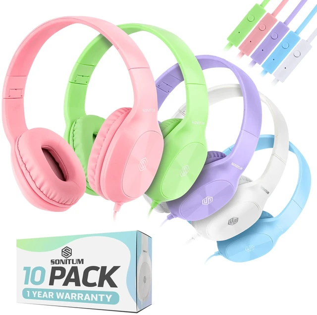 Main image of Classroom Headphones-Bulk 10-Pack, with Microphone Student On Ear Comfy Swivel Earphones for Library, School, Airplane, Kids-for Online Learning and Travel, HQ Stereo Sound 3.5mm Jack (Colored Set)