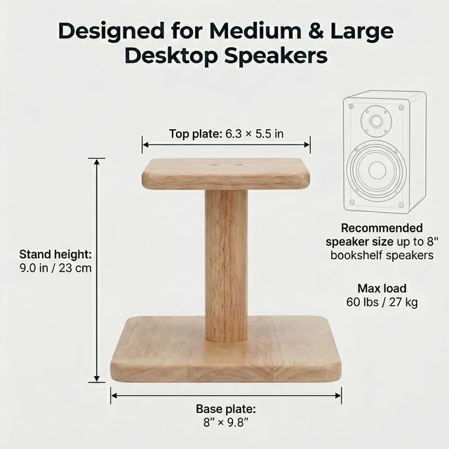 Alt view image 5 of 7 - Desktop Speaker Stands Made of Pure Solid Wood, Natural Style, 360° Rotatable Top Plate, Suitable for Medium/Large Tabletop Speakers and Studio Monitors (Natural Oak_DSS9(9 inch))
