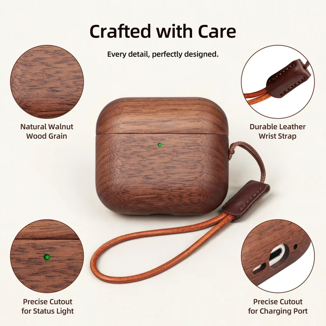 Alt view image 3 of 6 - Wooden AirPods 4/5 Case, North American Walnut, Unique Natural Wood Grain Natural North American Walnut,Magnetic Closure,Scratch Everyday Bump Protection,Convenient to Charge,Leather Lanyard Include