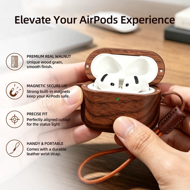 Alt view image 2 of 6 - Wooden AirPods 4/5 Case, North American Walnut, Unique Natural Wood Grain Natural North American Walnut,Magnetic Closure,Scratch Everyday Bump Protection,Convenient to Charge,Leather Lanyard Include