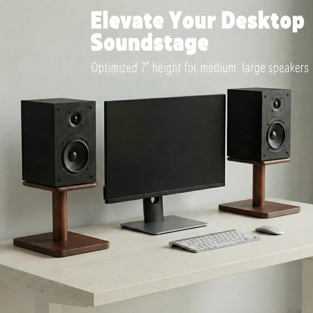 Alt view image 2 of 7 - Desktop Speaker Stands Made of Pure Solid Wood, Natural Style, 360° Rotatable Top Plate, Suitable for Medium/Large Tabletop Speakers and Studio Monitors (Walnut Brown Finish_DSS9(9 inch))