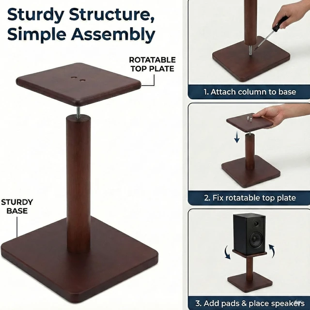 Alt view image 7 of 7 - Desktop Speaker Stands Made of Pure Solid Wood, Natural Style, 360° Rotatable Top Plate, Suitable for Medium/Large Tabletop Speakers and Studio Monitors (Walnut Brown Finish_DSS9(9 inch))
