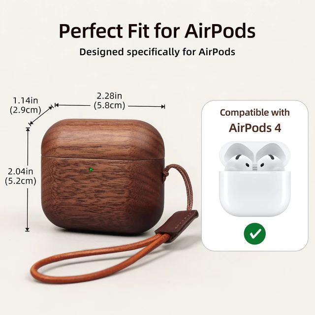 Alt view image 5 of 6 - Wooden AirPods 4/5 Case, North American Walnut, Unique Natural Wood Grain Natural North American Walnut,Magnetic Closure,Scratch Everyday Bump Protection,Convenient to Charge,Leather Lanyard Include