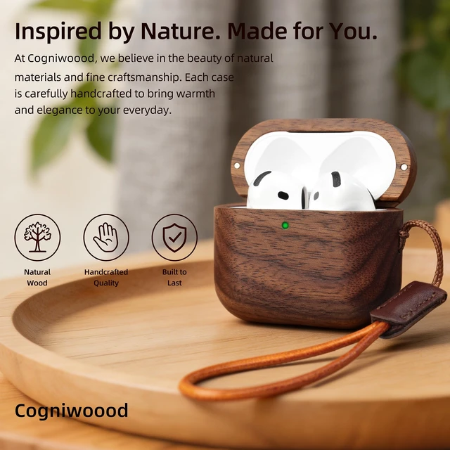 Alt view image 6 of 6 - Wooden AirPods 4/5 Case, North American Walnut, Unique Natural Wood Grain Natural North American Walnut,Magnetic Closure,Scratch Everyday Bump Protection,Convenient to Charge,Leather Lanyard Include