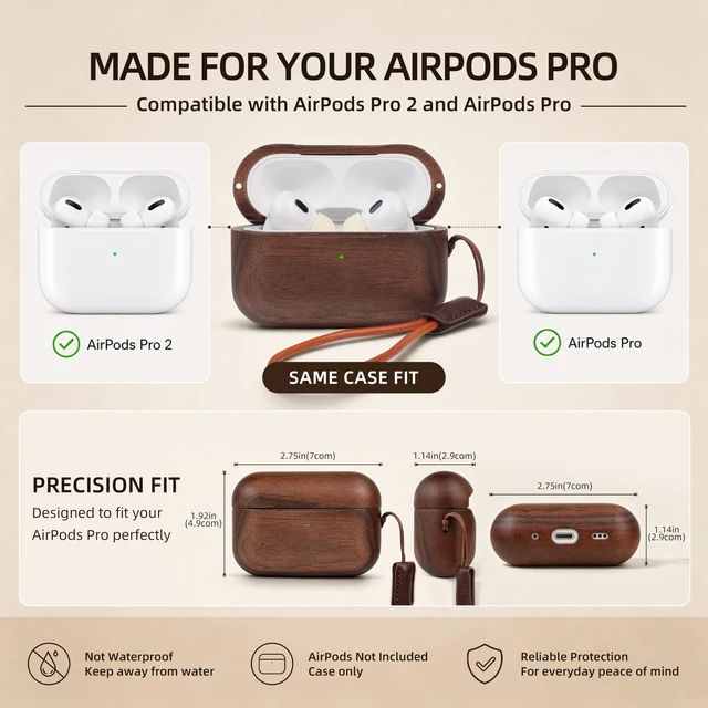 Alt view image 7 of 7 - Wooden AirPods Pro 2 Case, North American Walnut, Unique Natural Wood Grain Compatible with AirPods Pro 2nd/1st Generation,natural walnut wood,magnetic closure,scratch bump Protection,leather lanyard
