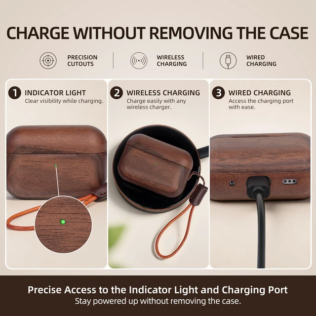 Alt view image 4 of 7 - Wooden AirPods Pro 2 Case, North American Walnut, Unique Natural Wood Grain Compatible with AirPods Pro 2nd/1st Generation,natural walnut wood,magnetic closure,scratch bump Protection,leather lanyard