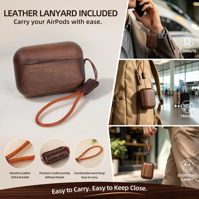 Alt view image 6 of 7 - Wooden AirPods Pro 2 Case, North American Walnut, Unique Natural Wood Grain Compatible with AirPods Pro 2nd/1st Generation,natural walnut wood,magnetic closure,scratch bump Protection,leather lanyard