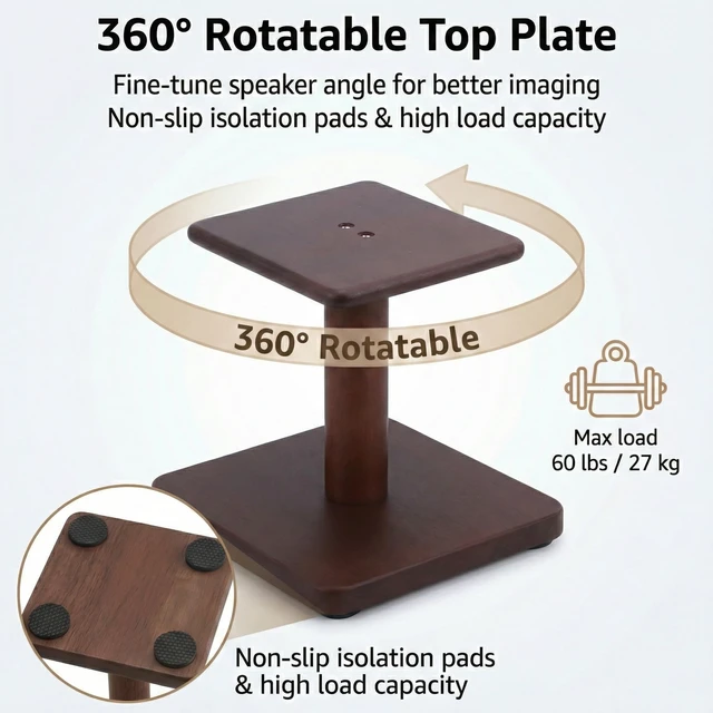 Alt view image 3 of 7 - Desktop Speaker Stands Made of Pure Solid Wood, Natural Style, 360° Rotatable Top Plate, Suitable for Medium/Large Tabletop Speakers and Studio Monitors (Walnut Brown Finish_DSS9(9 inch))