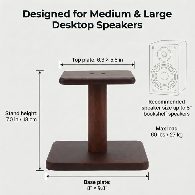 Alt view image 5 of 7 - Desktop Speaker Stands Made of Pure Solid Wood, Natural Style, 360° Rotatable Top Plate, Suitable for Medium/Large Tabletop Speakers and Studio Monitors (Walnut Brown Finish_DSS9(9 inch))
