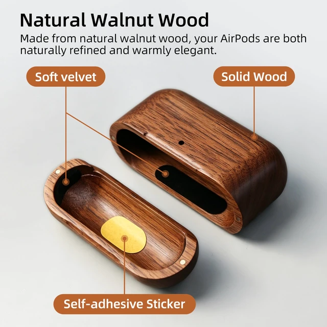 Alt view image 7 of 7 - Wooden AirPods Pro 3 Case, North American Walnut, Unique Natural Wood Grain Natural walnut,magnetic closure,scratch bump Protection,precise charging access,wireless and wired charging, leather lanyard