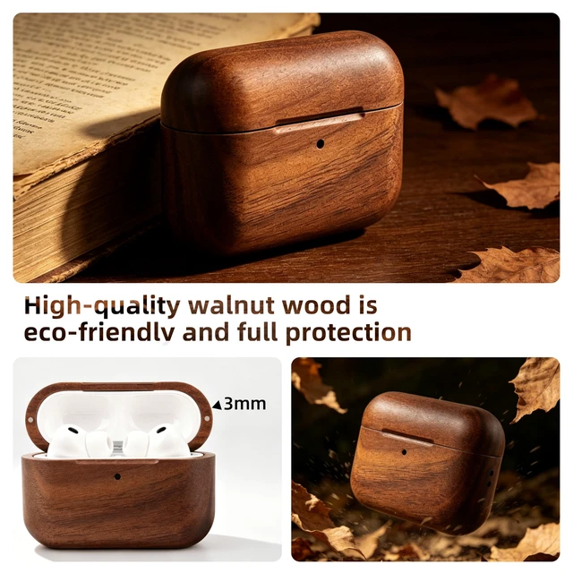 Alt view image 6 of 7 - Wooden AirPods Pro 3 Case, North American Walnut, Unique Natural Wood Grain Natural walnut,magnetic closure,scratch bump Protection,precise charging access,wireless and wired charging, leather lanyard