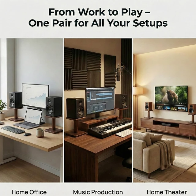 Alt view image 6 of 7 - Desktop Speaker Stands Made of Pure Solid Wood, Natural Style, 360° Rotatable Top Plate, Suitable for Medium/Large Tabletop Speakers and Studio Monitors (Walnut Brown Finish_DSS9(9 inch))