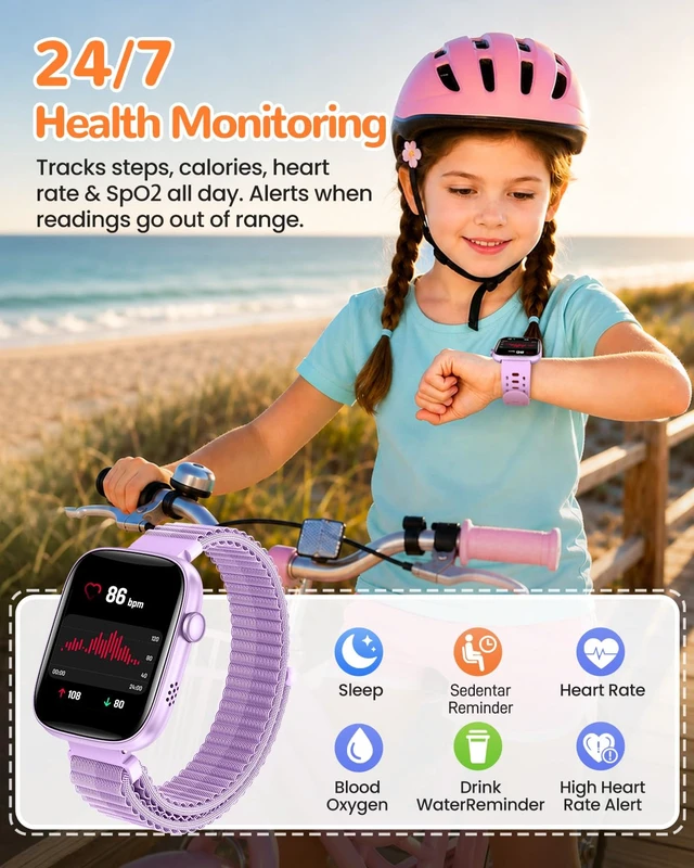 Alt view image 4 of 7 - Kids Smart Watch, 80+ Sports Modes, 1.83" Fitness Tracker, Gifts for Boys 1.83" Smart Watch for Kids with Heart Rate, Sleep Monitor, Step Counter, DIY Watch Faces, Puzzle Games, Purple